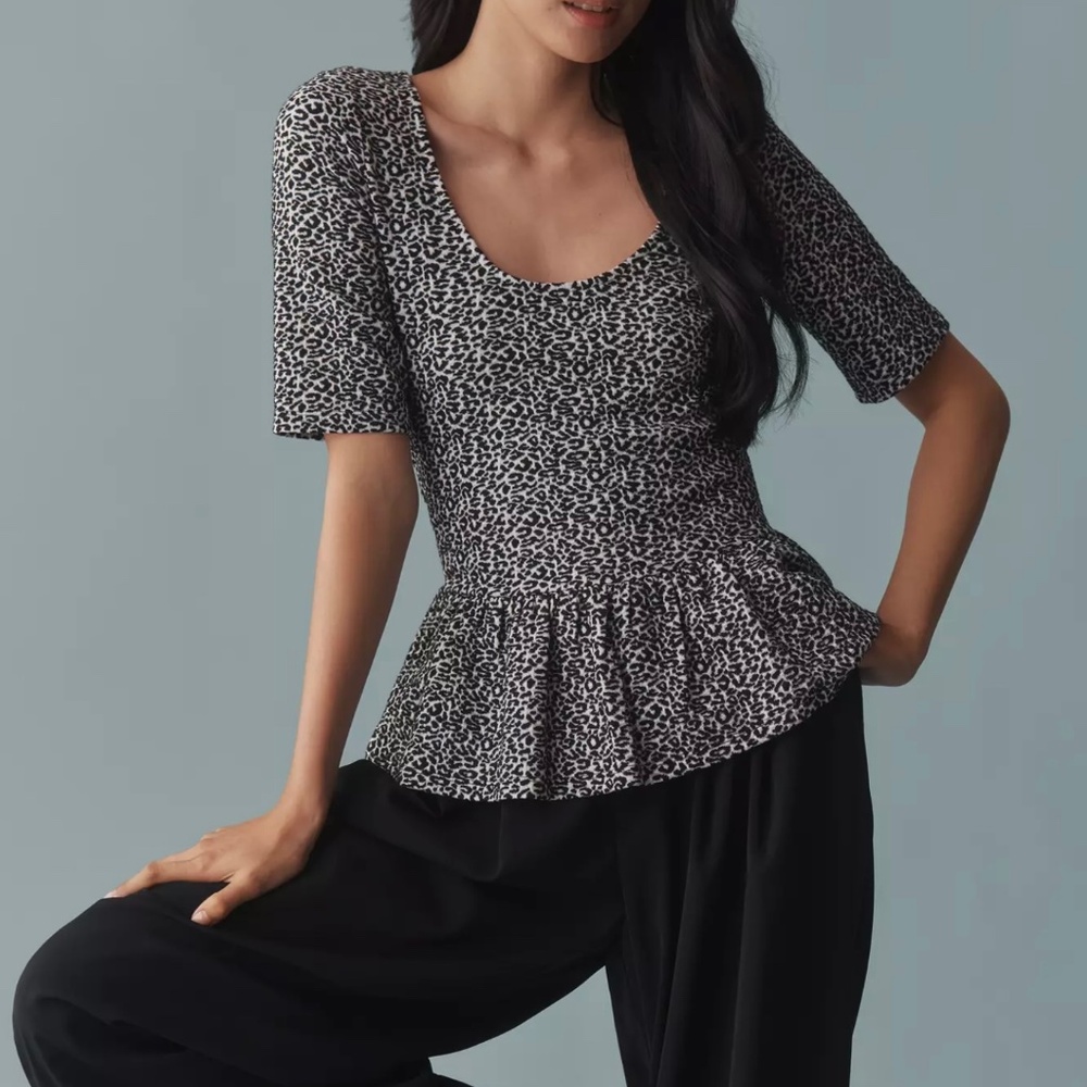 NWT ANTHROPOLOGIE MAEVE PEPLUM SCOOP NECK TOP ANIMAL PRINT S!